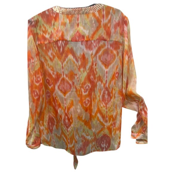 Chico’s Orange Sheer Tie-Front Blouse | Size M Embellished Button-Up Top - Picture 16 of 16